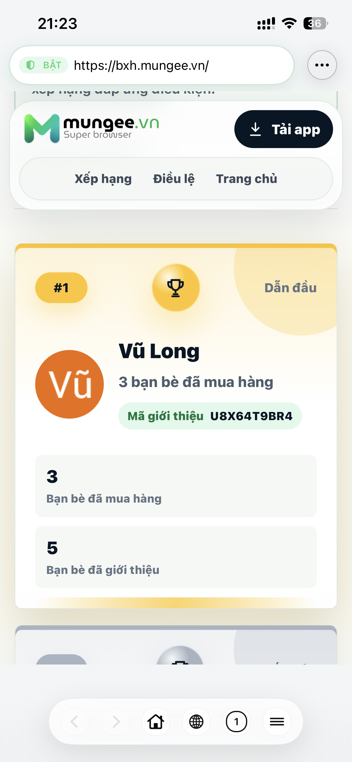 Bảng xếp hạng giới thiệu được mở từ tiện ích Mungee