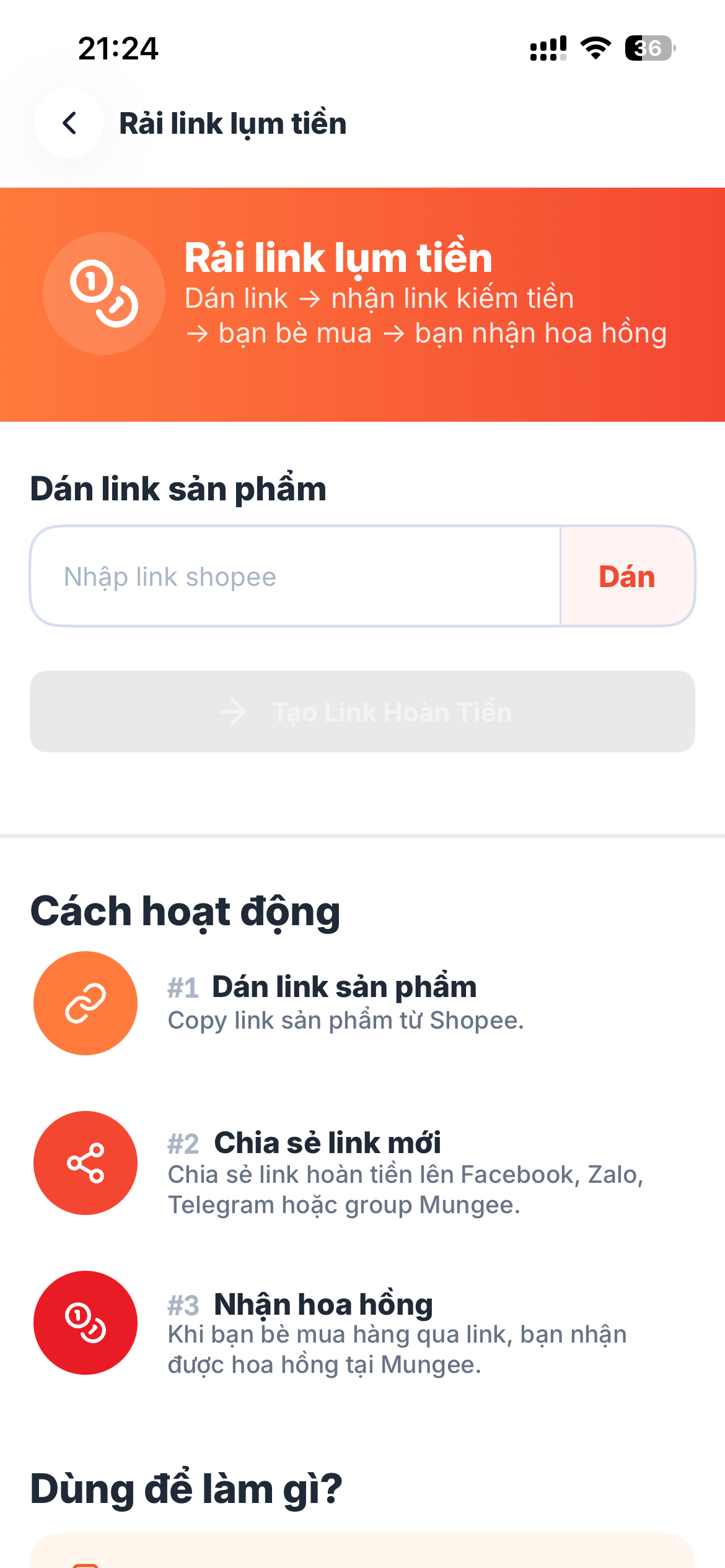 Tiện ích Rải link lụm tiền trong Mungee